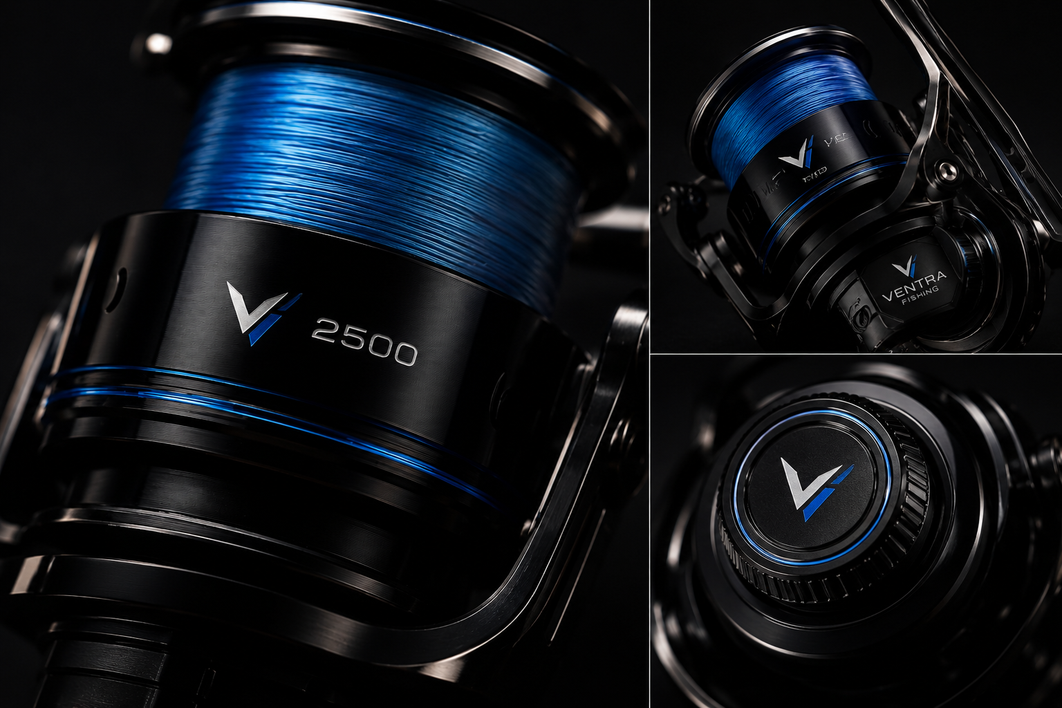 V-2500 reel detail with full blue braid spool and updated Ventra Fishing logo