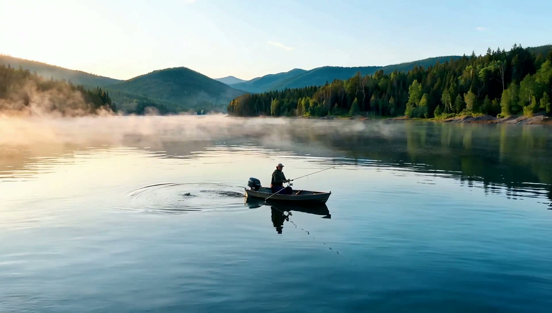 Lone angler seated in a small boat on a still misty lake at first light